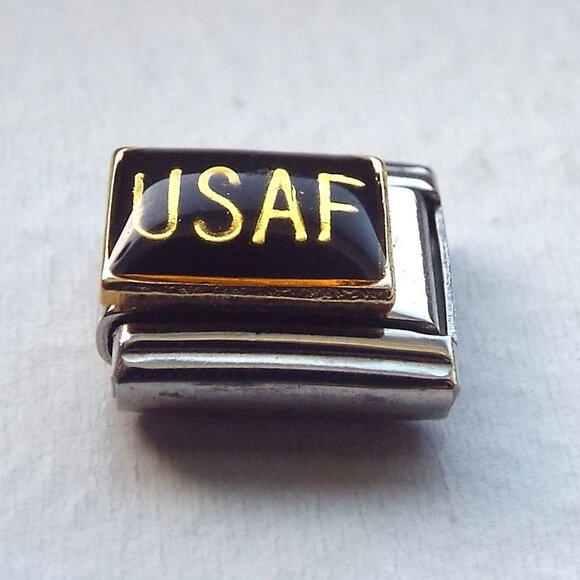 USAF on black enamel 9mm stainless steel Italian charm bracelet link new - Picture 1 of 2